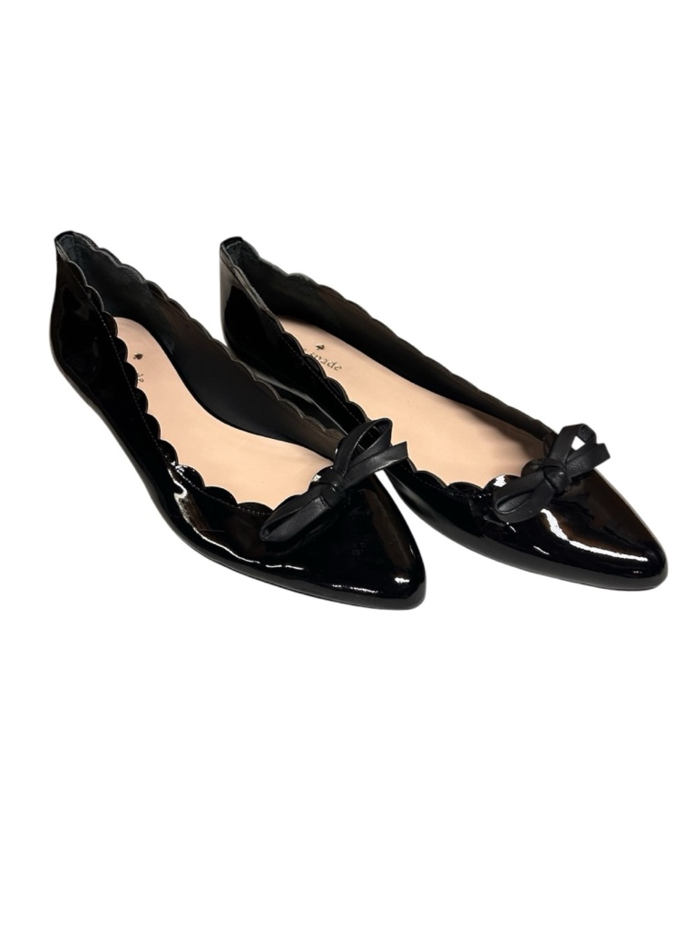 kate spade Eleni Flex Black Patent Scalloped Pointed-Toe Flats with Bow Detail